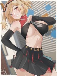 1girl armpits black_skirt blonde_hair breasts burnice_white clothes_lift collar elbow_gloves gloves large_breasts midriff navel ozzyart_0221 pleated_skirt red_collar red_eyes shirt_lift short_twintails skirt smile solo thighs twintails zenless_zone_zero