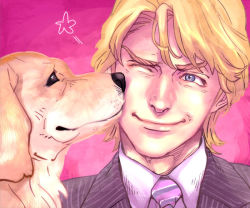 Rule 34 | 10s, 1boy, animal, blonde hair, blue eyes, dog, formal, john (tiger &amp; bunny), keith goodman, kiss, kissed by animal, male focus, mamemo (daifuku mame), necktie, one eye closed, short hair, solo, suit, tiger &amp; bunny, wink