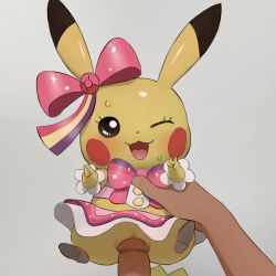 Rule 34 | 1boy, 1girl, :3, animal ears, black eyes, blush, blush stickers, bow, clothed pokemon, clothed sex, cosplay pikachu, creatures (company), disembodied hand, disembodied penis, double v, erection, full body, game freak, gen 1 pokemon, grey background, hair bow, hair ornament, hands up, happy, happy sex, hetero, highres, just the tip, looking at viewer, monster, nintendo, one eye closed, open mouth, penis, pikachu, pikachu pop star, pink bow, pink footwear, pink skirt, pokemon, pokemon (creature), pokemon oras, pov, pussy, sex, shiny skin, shoes, showgirl skirt, simple background, skirt, smile, spread legs, sweat, tail, tongue, uncensored, v, vaginal, wink, youjo modoki