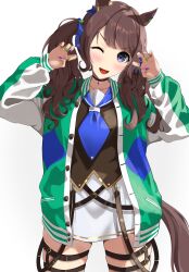 Rule 34 | 1girl, absurdres, animal ears, azuki (azuki azukki), blue neckerchief, blunt bangs, brown hair, choker, collarbone, cowboy shot, dated, finger to mouth, gold nails, grey eyes, hand in pocket, highres, horse ears, horse girl, jacket, letterman jacket, long hair, long sleeves, nail polish, neckerchief, one eye closed, open clothes, open jacket, sailor collar, shirt, simple background, solo, thigh strap, tosen jordan (umamusume), twintails, twitter username, umamusume, white background