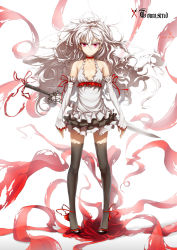 Rule 34 | 1girl, bare shoulders, black thighhighs, choker, collarbone, detached sleeves, dress, flat chest, frown, glycyrrhizae, highres, long hair, looking at viewer, original, red eyes, silver hair, solo, standing, sword, thighhighs, weapon, white background