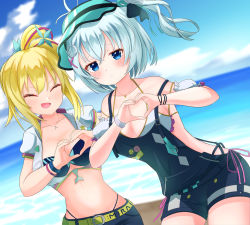 Rule 34 | .live, 2girls, aqua hair, bare shoulders, bikini, bikini top only, blue eyes, breasts, cat hair ornament, cleavage, closed eyes, cloud, collarbone, detached sleeves, expressionless, frilled bikini, frilled sleeves, frills, hair between eyes, hair ornament, heart, heart hands, highres, jewelry, medium breasts, mirai akari, mirai akari project, multiple girls, necklace, open mouth, overall shorts, overalls, own hands together, pocket, puffy detached sleeves, puffy sleeves, ruripen, short sleeves, dennou shoujo siro, sky, summer, swimsuit, virtual youtuber, visor cap, water, waves, wristband, x hair ornament