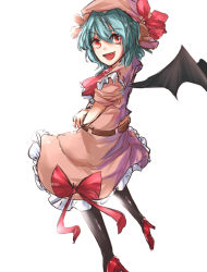 Rule 34 | 1girl, :d, bad id, bad pixiv id, bat wings, black pantyhose, blue hair, bow, crossed arms, dress, hat, high heels, looking at viewer, maware maware, mob cap, open mouth, pantyhose, red eyes, red footwear, remilia scarlet, shoes, smile, solo, touhou, vampire, white background, wings