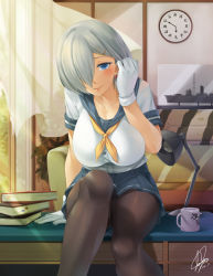 Rule 34 | 10s, 1girl, 2016, analog clock, arm at side, arm support, battleship, black pantyhose, blue eyes, blue skirt, blush, book, book stack, bookmark, breasts, cleavage, clock, closed mouth, collarbone, couch, crotch seam, cup, curtains, darkmaya, dated, desk, desk lamp, drawer, earrings, female focus, glass, gloves, hair ornament, hair over one eye, tucking hair, hairclip, hamakaze (kancolle), hand on own head, heart lock (kantai collection), indoors, jewelry, kantai collection, lamp, large breasts, lock, looking at viewer, military, military vehicle, miniskirt, model, mug, on desk, padlock, pantyhose, pink lips, plant, pleated skirt, potted plant, ribbon, school uniform, serafuku, shade, ship, shirt, short hair, short sleeves, signature, silver hair, sitting, skirt, sliding doors, smile, solo, sunlight, transparent, upskirt, warship, watercraft, white gloves, white shirt, wind, yellow ribbon