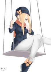 Rule 34 | 1girl, abigail williams (fate), bad id, bad pixiv id, beanie, black bow, black footwear, black hat, black jacket, black skirt, blonde hair, blue eyes, boots, bow, candy, commentary request, covered mouth, fate/grand order, fate (series), food, hair bow, hair over one eye, hat, hat bow, highres, holding, holding candy, holding food, holding lollipop, jacket, jilu, lollipop, long hair, looking at viewer, orange bow, orange scarf, pantyhose, pleated skirt, scarf, sidelocks, sitting, skirt, solo, swing, white background, white pantyhose