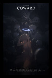 Rule 34 | 1girl, artist name, blue halo, breasts, copyright name, dark, death, dress, english text, glowing, grey hair, halo, hands on own head, highres, kneeling, long bangs, long hair, medium breasts, miv4t, multiple others, ribbon, signature, skeleton, surrounded