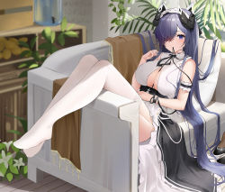 Rule 34 | 1girl, apron, arm garter, august von parseval (azur lane), august von parseval (the conquered unhulde) (azur lane), azur lane, blush, breasts, cleavage, cleavage cutout, clothing cutout, couch, day, dragon girl, dragon horns, dress, frilled dress, frilled garter, frills, full body, garter straps, hair over one eye, hairband, highres, horns, indoors, lace, lace-trimmed legwear, lace trim, large breasts, legs, long hair, looking at viewer, maid, maid apron, maid headdress, mouth hold, no shoes, official alternate costume, plant, purple eyes, purple hair, qing wu, ribbon, ribbon in mouth, sitting, sleeveless, sleeveless dress, solo, thighhighs, very long hair, white dress, white garter, white hairband, white thighhighs