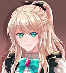 Rule 34 | 1girl, black bow, bow, braid, brooch, brown background, closed mouth, commission, green bow, green eyes, hair between eyes, hair bow, high ponytail, jewelry, light brown hair, long hair, original, ponytail, puffy sleeves, shadow, shirt, smile, solo, upper body, villyane, white shirt