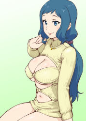 Rule 34 | 10s, 1girl, blue eyes, blue hair, breasts, clothing cutout, gundam, gundam build fighters, iori rinko, large breasts, lips, long hair, matching hair/eyes, mature female, meme attire, navel, navel cutout, no pants, open-chest sweater, ponytail, ribbed sweater, simple background, sitting, smile, solo, sweater, turtleneck, ueyama michirou, underboob, underboob cutout
