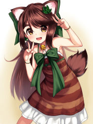Rule 34 | :d, animal ears, arm up, armpits, bare arms, bare shoulders, bell, bow, bowtie, brown dress, brown hair, double v, dress, earrings, feet out of frame, flat chest, green bow, green bowtie, hair ornament, hands up, highres, jewelry, jingle bell, large bow, layered dress, leaf hair ornament, long hair, looking at viewer, mole, mole under eye, neck bell, nukoyarou, off-shoulder dress, off shoulder, open mouth, smile, straight hair, striped clothes, striped dress, swept bangs, tail, thick eyebrows, v, virtual youtuber, wristband, yellow eyes