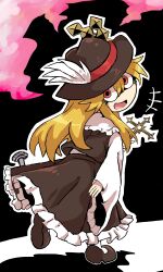 Rule 34 | blonde hair, brown footwear, brown hat, brown vest, cross, dolls in pseudo paradise, fedora, frilled shirt collar, frilled skirt, frills, from behind, hat, hat feather, highres, holding, holding cross, jacket girl (dipp), kota919, long hair, looking at viewer, murder in pseudo paradise, red eyes, shirt, shoes, skirt, smile, socks, touhou, vest, white shirt