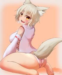 Rule 34 | 1girl, absurdres, animal ear fluff, animal ears, ass, bare shoulders, blush, breasts, detached sleeves, highres, inubashiri momiji, large breasts, looking at viewer, looking back, open mouth, otomen maru-no-uchi, panties, pink panties, pom pom (clothes), red eyes, ribbon-trimmed sleeves, ribbon trim, shirt, short hair, silver hair, sitting, sleeveless, sleeveless shirt, solo, steam, tail, touhou, turtleneck, underwear, white shirt, wolf ears, wolf tail