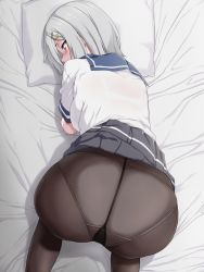 Rule 34 | 10s, 1girl, all fours, ass, bed sheet, black pantyhose, black skirt, blue eyes, blush, bra, crotch seam, from above, from behind, gusset, hair ornament, hairclip, hamakaze (kancolle), kantai collection, odaodaoaoda, panties, panties under pantyhose, pantyhose, pillow, profile, sailor collar, school uniform, see-through, serafuku, silver hair, skirt, solo, underwear, white bra