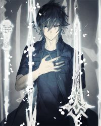 Rule 34 | 10s, 1boy, black hair, black jacket, ebira, final fantasy, final fantasy xv, glowing, glowing weapon, jacket, jewelry, looking at viewer, male focus, noctis lucis caelum, ring, solo, spiked hair, upper body, weapon