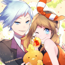 Rule 34 | 1boy, 1girl, ;&gt;, ;), ascot, blue hair, blush, brown hair, congratulations, creatures (company), game freak, gen 3 pokemon, hair ribbon, jewelry, looking at viewer, lowres, may (pokemon), mikko (mim mikko), nintendo, one eye closed, pokemon, pokemon (creature), pokemon oras, ribbon, ring, short hair, smile, steven stone, stuffed toy, torchic, triangle mouth