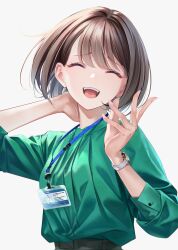 Rule 34 | 1girl, :d, ^ ^, brown hair, closed eyes, commentary request, facing viewer, green shirt, grey background, hand on own neck, highres, id card, lanyard, office lady, open mouth, original, shirt, shirt tucked in, short hair, simple background, smile, solo, sousou (sousouworks), teeth, upper body, upper teeth only, watch, white background, wristwatch