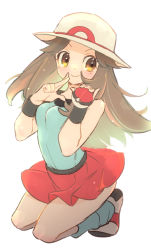 Rule 34 | 1girl, bare shoulders, blue shirt, blue socks, blush, breasts, brown hair, chorimokki, closed mouth, creatures (company), female focus, full body, game freak, hands up, happy, hat, holding, holding poke ball, kneeling, leaf (pokemon), long hair, looking to the side, medium breasts, miniskirt, nintendo, pleated skirt, poke ball, poke ball (basic), pokemon, pokemon frlg, red skirt, shirt, shirt tucked in, shoes, simple background, skirt, sleeveless, sleeveless shirt, smile, socks, solo, white background, white hat, wristband, yellow eyes