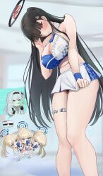 Rule 34 | 3girls, afterimage, alternate costume, black hair, blue archive, blush, breasts, cafenami, cleavage, embarrassed, feet out of frame, halo, highres, himari (blue archive), large breasts, legs, long hair, looking down, millennium cheerleader outfit (blue archive), miniskirt, mole, mole on breast, multiple girls, navel, ponytail, red eyes, rio (blue archive), skirt, skirt tug, spitting, sports bra, taking picture, toki (blue archive), two-tone sports bra, very long hair