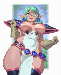 Rule 34 | 1girl, absurdres, armor, blush, breasts, covered navel, gloves, green hair, highres, large breasts, long hair, looking at viewer, navel, nipples, original, pauldrons, riz, round eyewear, shoulder armor, smile, solo, thick eyebrows, thick thighs, thighhighs, thighs
