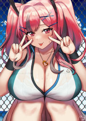 Rule 34 | 1girl, azur lane, bare shoulders, blue sky, blush, breasts, bremerton (azur lane), bremerton (scorching-hot training) (azur lane), chain-link fence, cleavage, collarbone, day, double v, fence, hair ornament, hairclip, heart, heart necklace, highres, huge breasts, jewelry, long hair, looking at viewer, multicolored hair, necklace, noixen, pink eyes, pink hair, sky, smile, solo, sportswear, squatting, streaked hair, tongue, tongue out, twintails, v