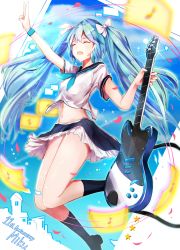 Rule 34 | 1girl, absurdres, black skirt, black socks, blue hair, blue neckerchief, bow, closed eyes, floating hair, guitar, hair between eyes, hair bow, hatsune miku, highres, holding, holding instrument, instrument, kneehighs, lens flare, long hair, midriff, miniskirt, navel, neckerchief, open mouth, outstretched arm, shirt, short sleeves, skirt, smile, socks, solo, stomach, twintails, v, very long hair, vocaloid, white bow, white shirt, wristband