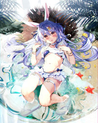 Rule 34 | 1girl, animal ear fluff, animal ears, bikini, blue bikini, blue hair, blush, bracelet, breasts, brown hat, carrot hair ornament, commentary request, food-themed hair ornament, full body, hair between eyes, hair ornament, haruhina purple, hat, highres, hololive, jewelry, knees up, long hair, looking at viewer, lying, medium breasts, navel, on back, outdoors, rabbit ears, red eyes, short eyebrows, solo, starfish, stomach, straw hat, swimsuit, thick eyebrows, thigh strap, usada pekora, very long hair, virtual youtuber, water