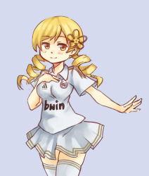 Rule 34 | 10s, 1girl, adidas, blonde hair, breasts, drill hair, female focus, flower, hair flower, hair ornament, mahou shoujo madoka magica, mahou shoujo madoka magica (anime), pas (paxiti), product placement, real madrid, simple background, skirt, soccer, solo, sportswear, thighhighs, tomoe mami, twin drills, twintails, white thighhighs, yellow eyes, zettai ryouiki
