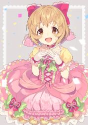 Rule 34 | 1girl, blush, bow, bowtie, brooch, brown eyes, brown hair, censored, collarbone, confetti, dot nose, dress, flat chest, frilled dress, frills, gloves, green bow, green bowtie, green ribbon, grey background, hair bow, hands up, heart, heart brooch, heart censor, idolmaster, idolmaster cinderella girls, idolmaster cinderella girls starlight stage, jewelry, koga koharu, kurotea, lace, lace-trimmed ribbon, lace trim, layered dress, looking at viewer, multicolored clothes, multicolored dress, open mouth, pink ribbon, red ribbon, ribbon, short hair, short sleeves, smile, solo, striped bow, striped bowtie, striped clothes, white gloves