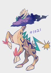 Rule 34 | absurdres, commentary, creatures (company), from side, full body, game freak, ganezugarrrrr, grey background, highres, hooves, nintendo, no humans, pink eyes, pokedex number, pokemon, pokemon (creature), raging bolt, sideways glance, simple background, solo, standing