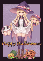 Rule 34 | 1girl, black cloak, black dress, black hat, black thighhighs, blonde hair, bloomers, boots, bow, bow panties, breasts, brown footwear, cloak, clothes lift, dress, dress lift, full body, gem, gloves, halloween, happy halloween, hat, hat ribbon, highres, jack-o&#039;-lantern, lifting own clothes, linmiu (smilemiku), little witch nobeta, long hair, micro panties, nobeta, panties, pumpkin, red eyes, ribbon, side-tie panties, skindentation, small breasts, smile, solo, thigh gap, thighhighs, thighs, two-tone dress, underwear, white bloomers, white dress, white gloves, white panties, witch hat, zettai ryouiki