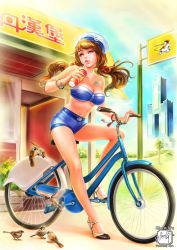 Rule 34 | 1girl, artist name, bandeau, bare shoulders, bicycle, bird, bracelet, breasts, brown hair, city, cleavage, day, drink, drinking, drinking straw, full body, hat, high heels, highres, jewelry, kaohsiung, large breasts, lips, long hair, looking at viewer, low twintails, midriff, mole, mole under mouth, necklace, original, outdoors, purple eyes, restaurant, shawli, shop, short shorts, shorts, solo, twintails