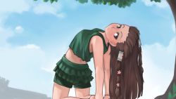 Rule 34 | 1girl, arm support, bare arms, bare legs, bare shoulders, barefoot, blue sky, blush, brown eyes, brown hair, closed mouth, cloud, cloudy sky, day, from behind, grass, green shirt, green shorts, green skirt, hair ornament, highres, kneeling, leaning back, long hair, looking at viewer, looking back, outdoors, paintrfiend, pleated skirt, shirt, shorts, skirt, sky, solo, tree