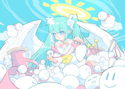 Rule 34 | &gt; o, 1girl, :3, angel wings, aqua hair, blue eyes, blue sky, commentary, crafting, detached sleeves, dress, feathered wings, feathers, hair ornament, halo, hatsune miku, highres, kinosuke (pattaba), long hair, needle, one eye closed, pin, puffy sleeves, sky, smile, solo, sun, teruterubouzu, thread, triangle mouth, twintails, very long hair, vocaloid, white dress, white sleeves, wings