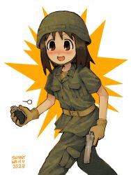 Rule 34 | 1girl, :d, artist name, azumanga daiou, belt, blush, brown eyes, brown hair, camouflage, commentary, english commentary, explosive, gloves, green headwear, green jacket, green pants, grenade, grenade pin, gun, helmet, highres, holding, holding grenade, holding gun, holding weapon, jacket, kasuga ayumu, long hair, looking at viewer, military uniform, nose blush, open mouth, pants, shirt, short sleeves, smile, solo, sunny waifu, uniform, v-shaped eyebrows, walking, weapon, white background, yellow belt, yellow gloves, yellow shirt