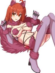 Rule 34 | 1girl, ahoge, animal ears, blush, bow, breasts, claw pose, cosplay, elbow gloves, elfenlied22, fang, fate/grand order, fate (series), fujimaru ritsuka (female), fur-trimmed gloves, fur-trimmed legwear, fur collar, fur trim, gloves, halloween costume, highres, knees up, lace, lace-trimmed legwear, lace trim, looking at viewer, lying, mash kyrielight, mash kyrielight (dangerous beast), mash kyrielight (dangerous beast) (cosplay), navel, o-ring, official alternate costume, on back, one side up, open mouth, orange eyes, orange hair, purple gloves, purple thighhighs, red bow, revealing clothes, short hair, simple background, smile, solo, tail, thighhighs, thighs, white background, wolf ears, wolf tail