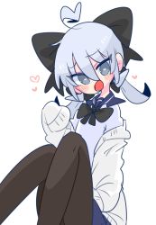 Rule 34 | 1boy, ahoge, black bow, blush, bow, bright pupils, drooling, eyes visible through hair, grey eyes, hair between eyes, hair bow, head tilt, heart, heart-shaped pupils, heart ahoge, highres, large bow, long sleeves, looking at viewer, low twintails, male focus, off-shoulder sweater, off shoulder, op na yarou, open mouth, original, othello-senpai (op na yarou), pantyhose, school uniform, serafuku, short twintails, silver hair, simple background, sitting, solo, sweater, symbol-shaped pupils, trap, twintails, white background, white pupils