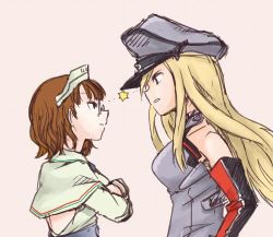 Rule 34 | 10s, 2girls, bare shoulders, bismarck (kancolle), blonde hair, brown hair, capelet, detached sleeves, eye contact, glasses, hat, kantai collection, long hair, looking at another, lowres, military, military hat, military uniform, multiple girls, nda-p (threelow), peaked cap, pince-nez, roma (kancolle), short hair, uniform