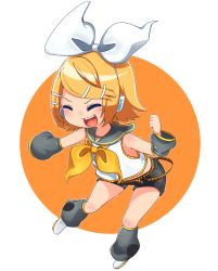 Rule 34 | 1girl, absurdres, belt, blonde hair, blush, bow, bowtie, chibi, circle, closed eyes, commentary, detached sleeves, hair bow, hair ornament, hairclip, hand up, headphones, highres, inu8neko, kagamine rin, leg warmers, outstretched arm, sailor collar, shirt, short hair, shorts, simple background, smile, solo, vocaloid, white background, white bow, white shirt, yellow bow, yellow bowtie