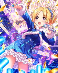 Rule 34 | 10s, audience, banner, blonde hair, chandelier, dress, frilled dress, frills, fur trim, glowstick, hair ornament, idolmaster, idolmaster cinderella girls, jewelry, kiryu tsukasa (idolmaster), microphone, necklace, official art, open mouth, ponytail, purple eyes, ring, snowflake print, solo, winter clothes