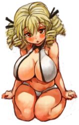 Rule 34 | 1girl, :o, alternate breast size, bikini, blonde hair, blush, breasts, chestnut mouth, cleavage, drill hair, hair ribbon, large breasts, looking at viewer, luna child, open mouth, red eyes, ribbon, sachito, seiza, short hair, simple background, sitting, sketch, solo, swimsuit, touhou, white background, white bikini