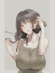 Rule 34 | 1girl, black hair, breasts, character request, collarbone, commentary, dress, elf, english commentary, grey background, head tilt, highres, impossible clothes, impossible dress, large breasts, medium hair, noccu, original, pointy ears, simple background, solo, tail, yellow eyes