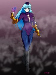 Rule 34 | 1girl, blue hair, blunt bangs, bodysuit, boots, corruption, empty eyes, highres, ice, kula diamond, leather, leather boots, leotard, mind control, pantyhose, self-upload, shadaloo dolls, street fighter, the king of fighters