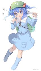 Rule 34 | 1girl, backpack, bag, blue eyes, blue footwear, blue hair, blue skirt, blush, boots, full body, green hat, hair bobbles, hair ornament, hat, highres, kawashiro nitori, key, long sleeves, looking at viewer, open mouth, pocket, ramudia (lamyun), rubber boots, shirt, simple background, skirt, skirt set, solo, touhou, twitter username, two side up, white background