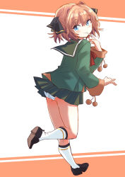 Rule 34 | 1girl, ass, black footwear, black ribbon, blue eyes, brown hair, commentary request, drawstring, fuji (pixiv24804665), full body, green jacket, green sailor collar, green skirt, hachijou (kancolle), hair ribbon, highres, jacket, kantai collection, kneehighs, long sleeves, looking at viewer, mary janes, mouth hold, neck ribbon, panties, pleated skirt, pom pom (clothes), red ribbon, ribbon, sailor collar, school uniform, serafuku, shoes, short hair, skirt, smile, socks, solo, striped clothes, striped panties, underwear, white socks