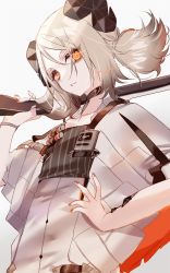 1girl, arknights, bags under eyes, black dress, blonde hair, closed mouth, coat, demon horns, dress, eyes visible through hair, flat chest, hair between eyes, hand on hip, highres, horns, ifrit (arknights), looking at viewer, medium hair, misumi (macaroni), nail polish, orange eyes, orange nails, simple background, solo, striped, twintails, upper body, vertical-striped dress, vertical stripes, white background, white coat, wristband