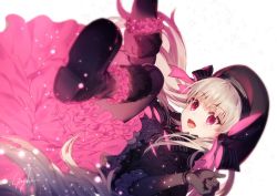 Rule 34 | 10s, 1girl, :d, black gloves, boots, commentary request, fate/extra, fate (series), frilled skirt, frills, genyaky, gloves, gothic lolita, grey hair, hat, lolita fashion, long hair, nursery rhyme (fate), open mouth, pantyhose, pink skirt, red eyes, simple background, skirt, smile, solo, white background, white hair