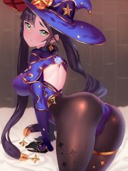Rule 34 | 1girl, ass, back, black gloves, black hair, blue hat, blue leotard, bodystocking, breasts, brown pantyhose, choker, detached sleeves, earrings, elbow gloves, fur collar, genshin impact, gloves, gold trim, green eyes, hat, hat ornament, highleg, highleg leotard, highres, jewelry, kanjy00u, leotard, long hair, looking at viewer, looking back, medium breasts, mona (genshin impact), pantyhose, pendant, star (symbol), star earrings, thighlet, thighs, twintails, vision (genshin impact), witch hat