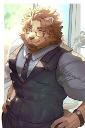 Rule 34 | 1boy, animal ears, bara, birry, black necktie, border, character request, closed mouth, collared shirt, copyright request, cowboy shot, formal, furry, furry male, glasses, highres, lion, lion tail, looking at viewer, necktie, orange eyes, shirt, smile, sweater vest, tail, virtual youtuber, watch, white border, window, wristwatch