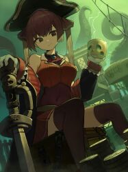 Rule 34 | 1girl, absurdres, applu, ascot, black coat, black hat, black thighhighs, breasts, closed mouth, coat, cropped jacket, earrings, gloves, hat, heterochromia, highres, holding, holding skull, hololive, houshou marine, houshou marine (1st costume), jacket, jewelry, large breasts, leotard, leotard under clothes, long hair, pirate hat, pleated skirt, red ascot, red coat, red eyes, red hair, red jacket, red leotard, red ribbon, red skirt, ribbon, sitting, skirt, skull, sleeveless, sleeveless jacket, solo, sparkle, tentacles, thighhighs, twintails, two-sided coat, two-sided fabric, virtual youtuber, white gloves