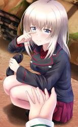 Rule 34 | 1girl, 1other, black headwear, black jacket, blue eyes, commentary, dress shirt, garrison cap, girls und panzer, grey hair, hat, highres, holding, holding clothes, holding hat, insignia, itsumi erika, jacket, kuromorimine military uniform, long sleeves, looking at viewer, medium hair, military hat, military uniform, military vehicle, miniskirt, motor vehicle, out of frame, pleated skirt, pov, red shirt, red skirt, redbaron, shadow, shirt, skirt, squatting, tank, tears, twitter username, uniform, unworn hat, unworn headwear, wing collar, wiping tears